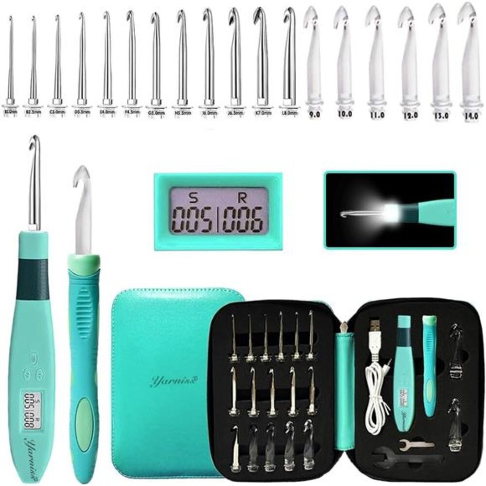 New 18 Size Counting Crochet Hooks with Light, Digital Counter Crochet